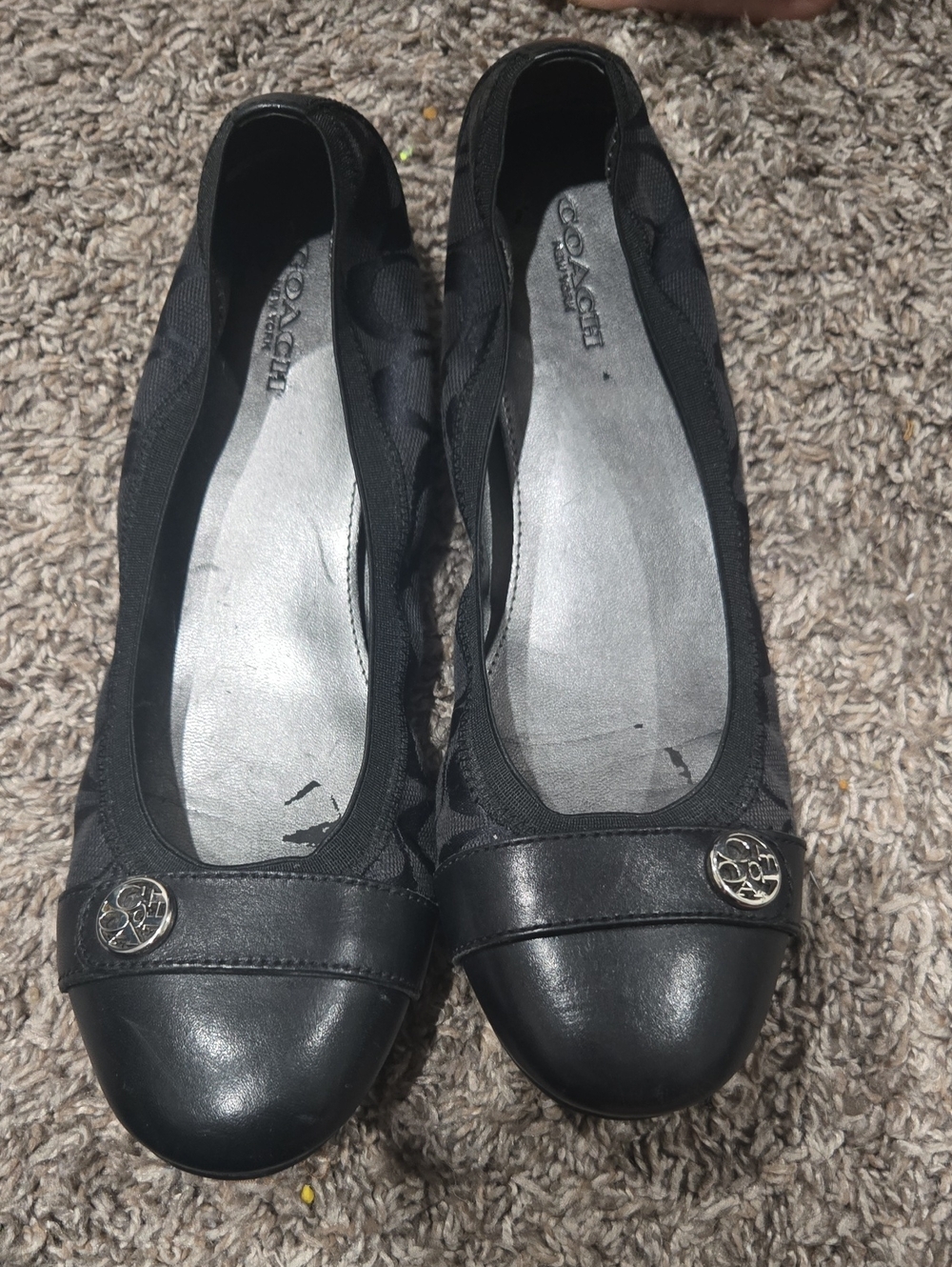 Coach Black Leather & Fabric Signature Ballet Flats